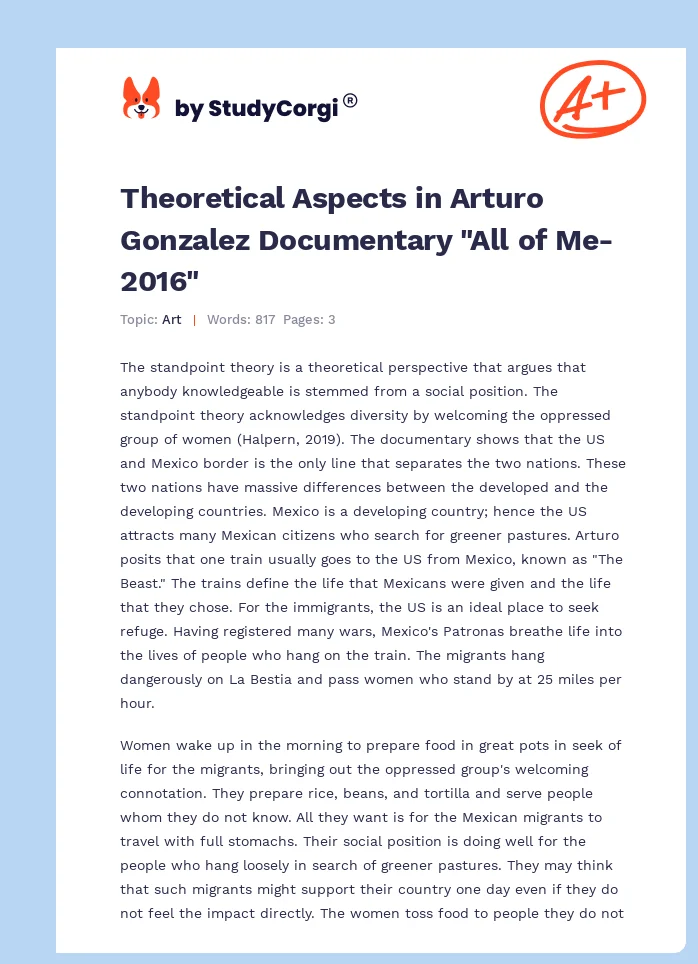 Theoretical Aspects in Arturo Gonzalez Documentary "All of Me-2016". Page 1