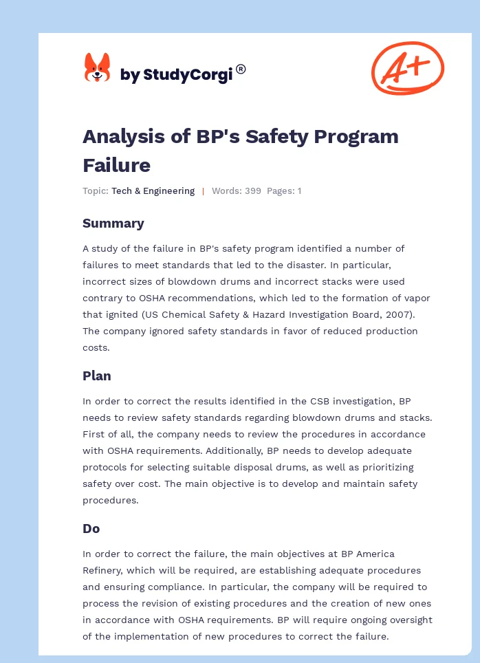 Analysis of BP's Safety Program Failure. Page 1