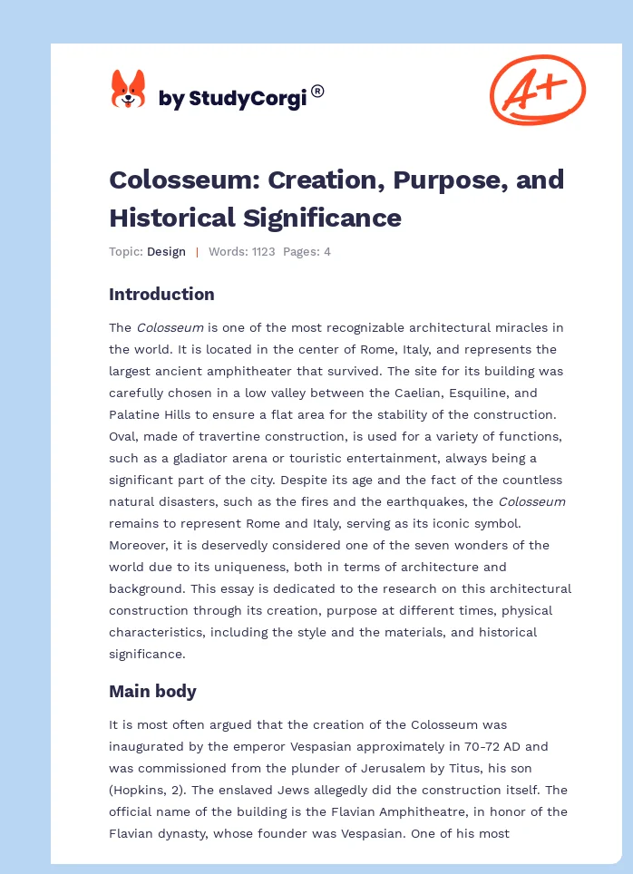 Colosseum: Creation, Purpose, and Historical Significance. Page 1