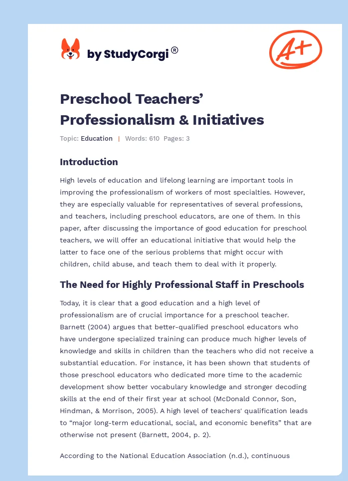 Preschool Teachers’ Professionalism & Initiatives. Page 1