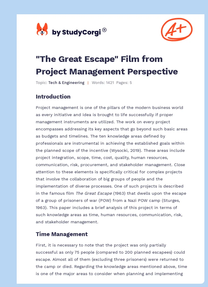 "The Great Escape" Film from Project Management Perspective. Page 1