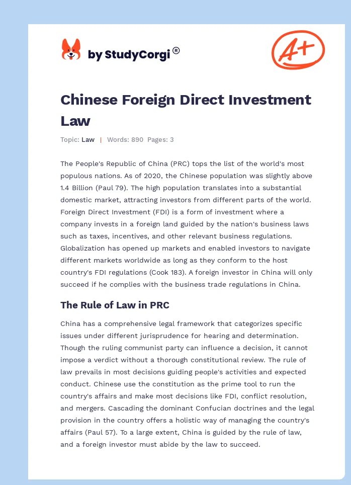 Chinese Foreign Direct Investment Law. Page 1