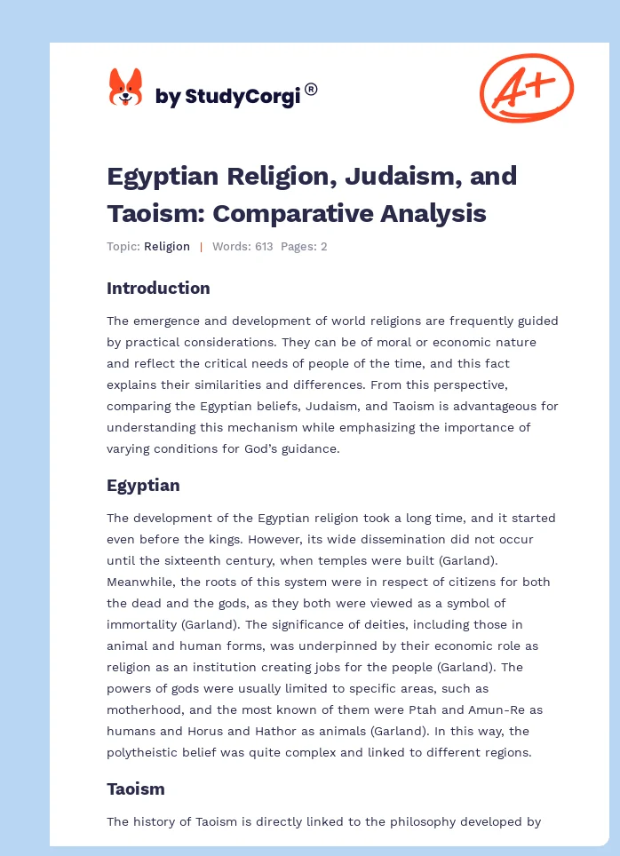 Egyptian Religion, Judaism, and Taoism: Comparative Analysis. Page 1