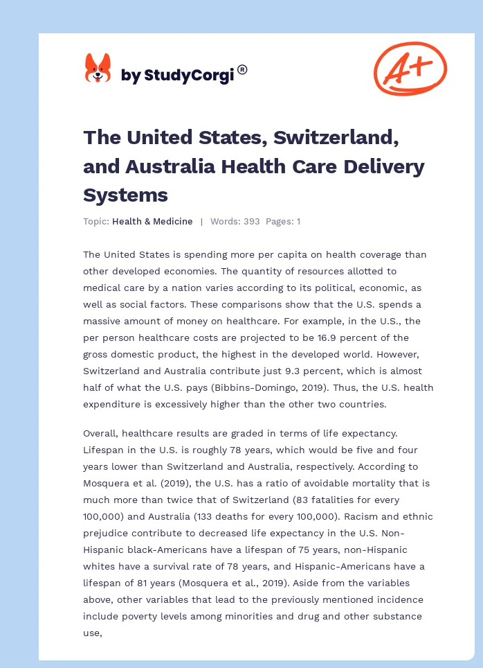 The United States, Switzerland, and Australia Health Care Delivery Systems. Page 1