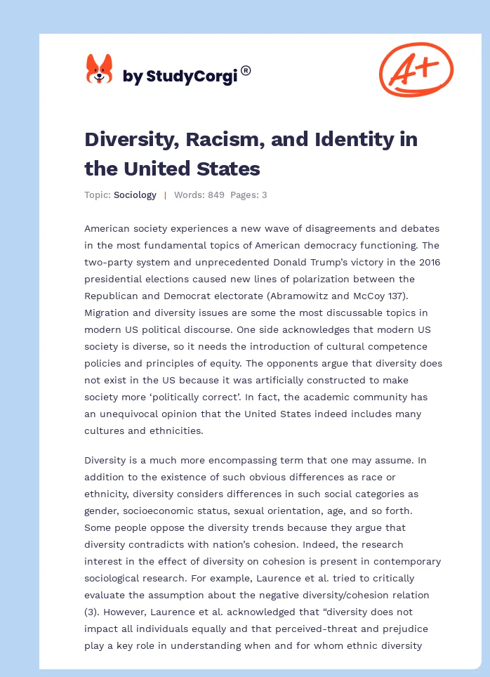 Diversity, Racism, and Identity in the United States. Page 1