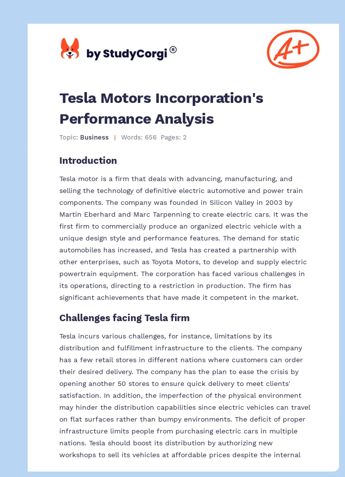 Tesla Motors Incorporation's Performance Analysis. Page 1