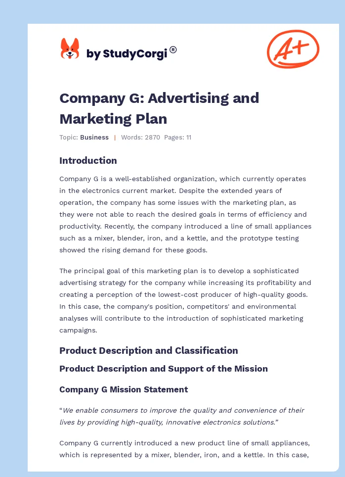 Company G: Advertising and Marketing Plan. Page 1