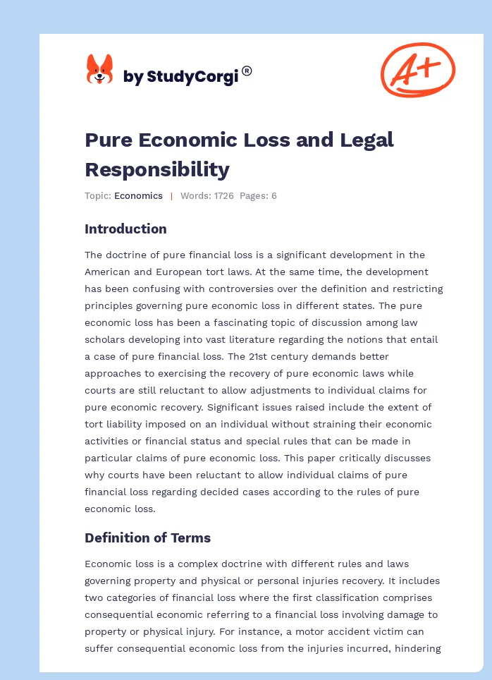 Pure Economic Loss and Legal Responsibility. Page 1