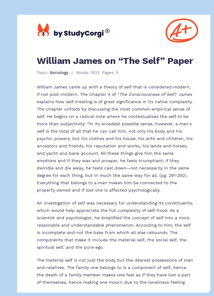 William James on “The Self” Paper. Page 1