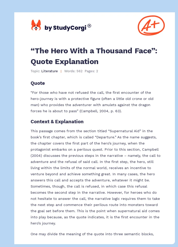 “The Hero With a Thousand Face”: Quote Explanation. Page 1
