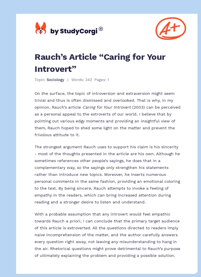Rauch’s Article “Caring for Your Introvert”. Page 1