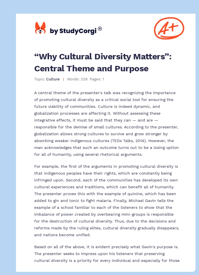 “Why Cultural Diversity Matters”: Central Theme and Purpose. Page 1