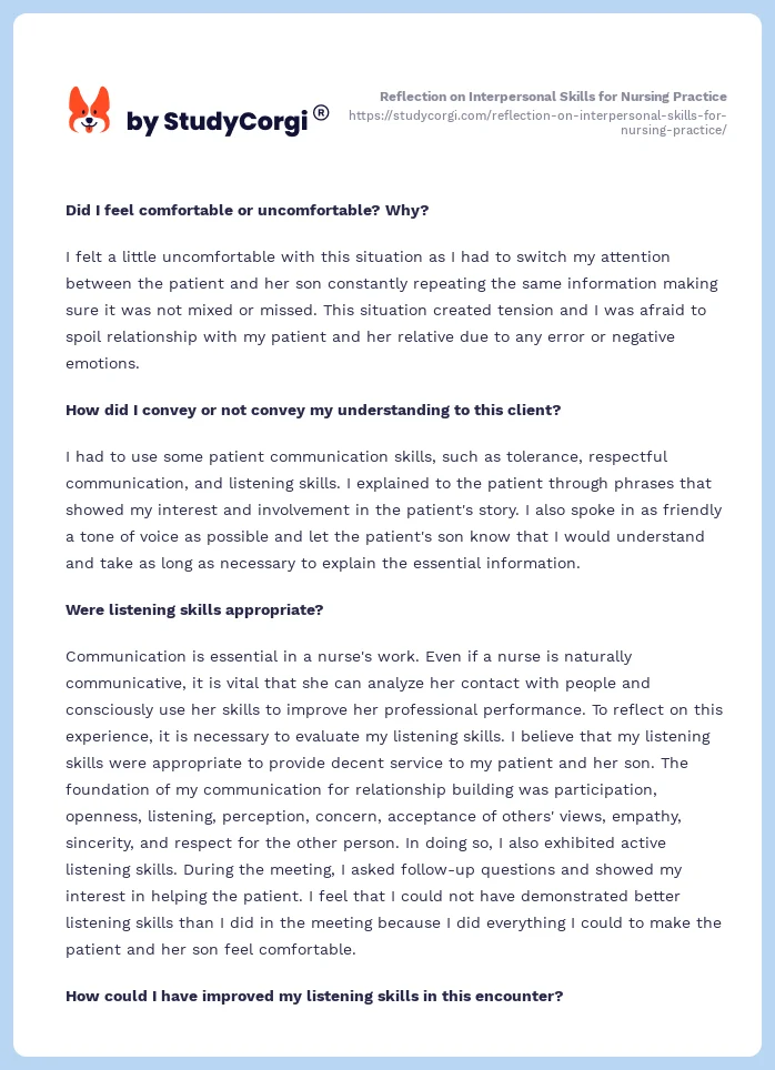 Reflection on Interpersonal Skills for Nursing Practice. Page 2