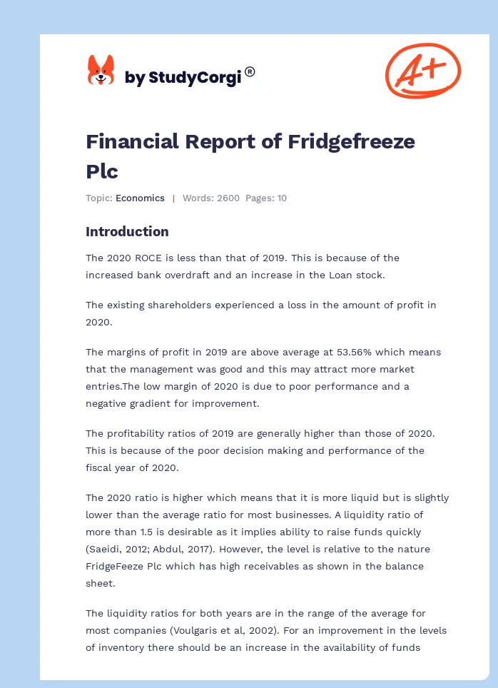 Financial Report of Fridgefreeze Plc. Page 1