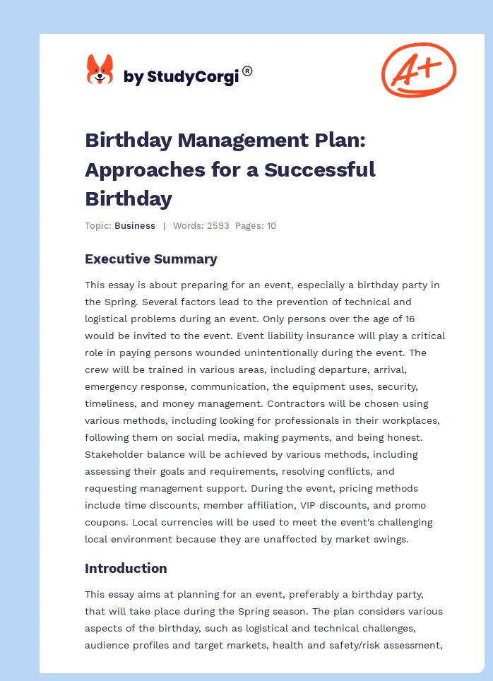 Birthday Management Plan: Approaches for a Successful Birthday. Page 1