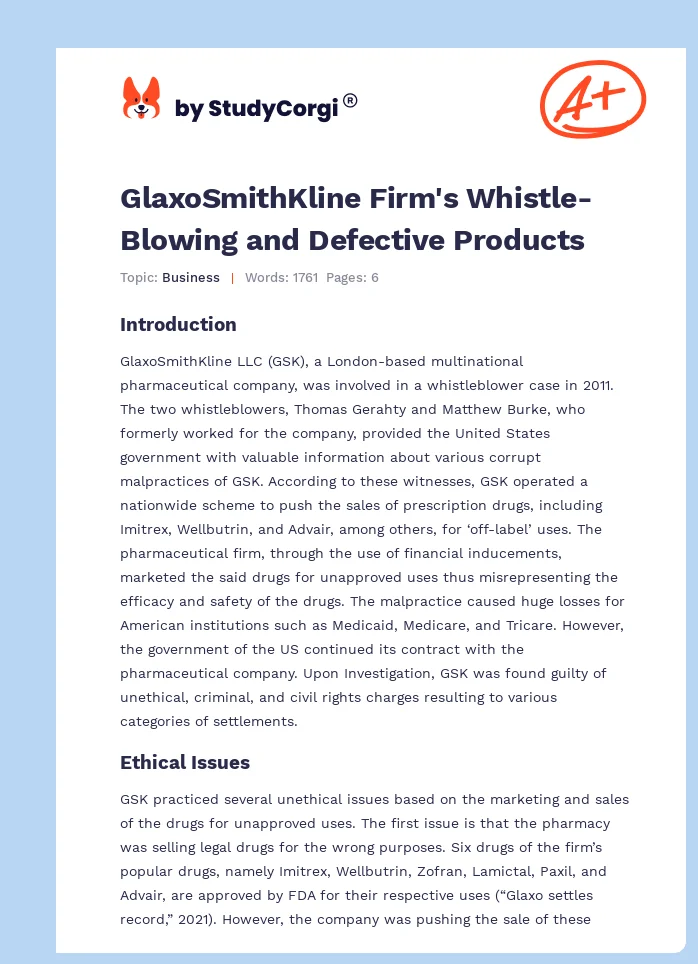 GlaxoSmithKline Firm's Whistle-Blowing and Defective Products. Page 1