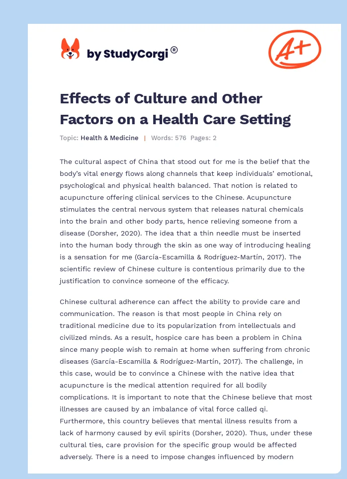 Effects of Culture and Other Factors on a Health Care Setting. Page 1