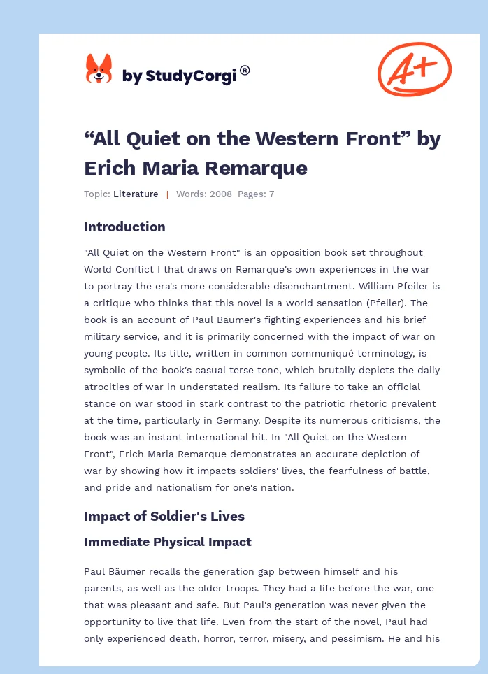 “All Quiet on the Western Front” by Erich Maria Remarque. Page 1