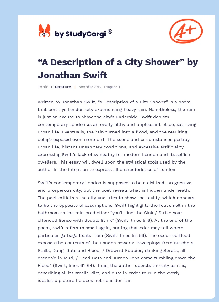 “A Description of a City Shower” by Jonathan Swift. Page 1