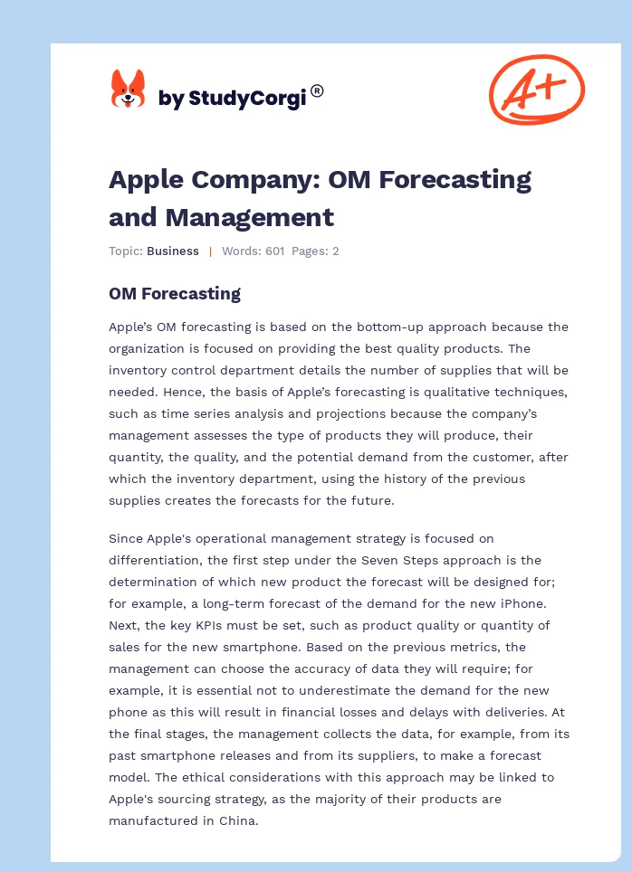 Apple Company: OM Forecasting and Management. Page 1