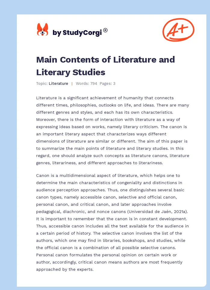 Main Contents of Literature and Literary Studies. Page 1