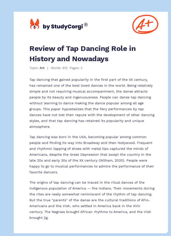Review of Tap Dancing Role in History and Nowadays. Page 1