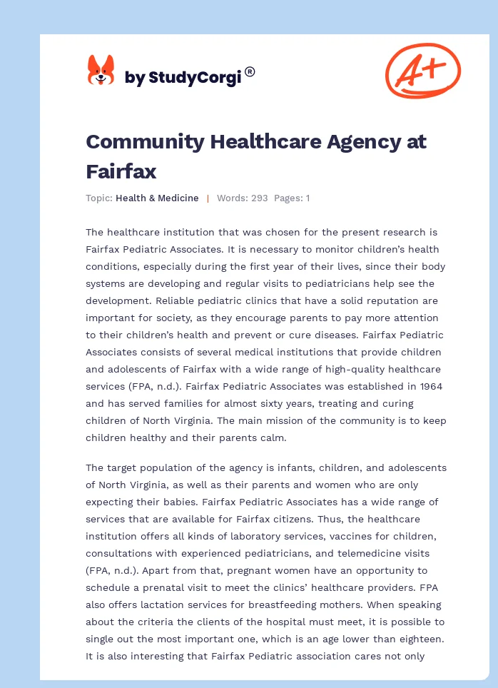 Community Healthcare Agency at Fairfax. Page 1