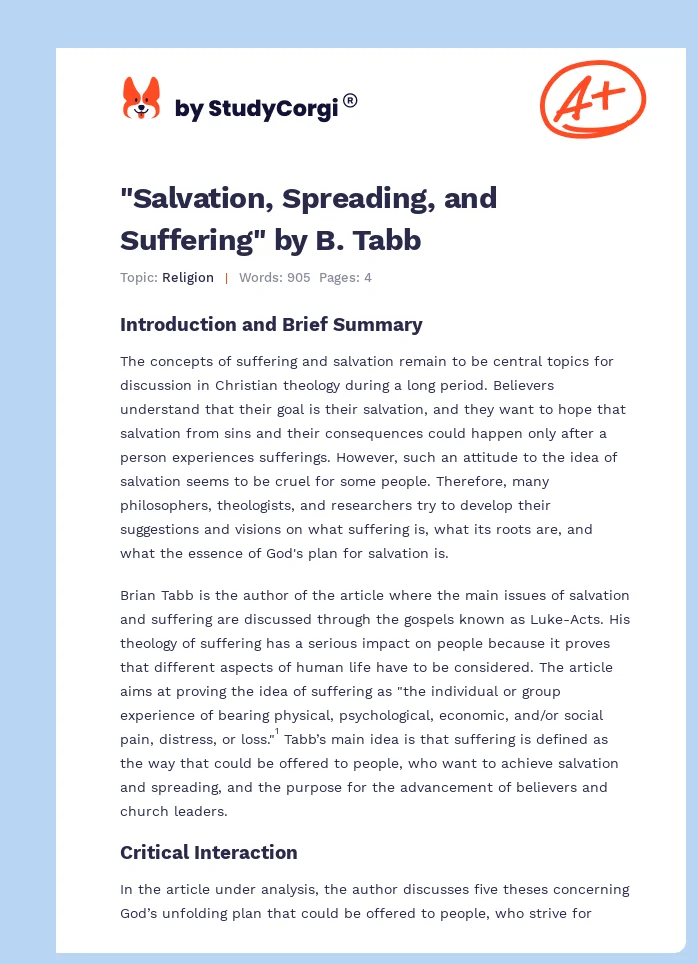 "Salvation, Spreading, and Suffering" by B. Tabb. Page 1