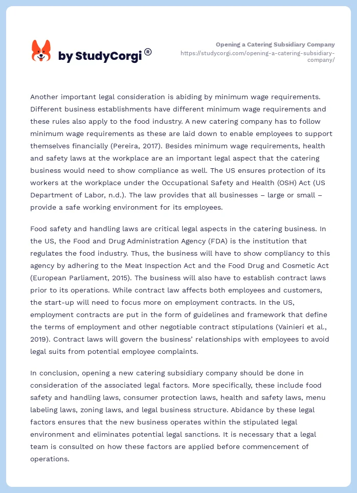 Opening a Catering Subsidiary Company. Page 2