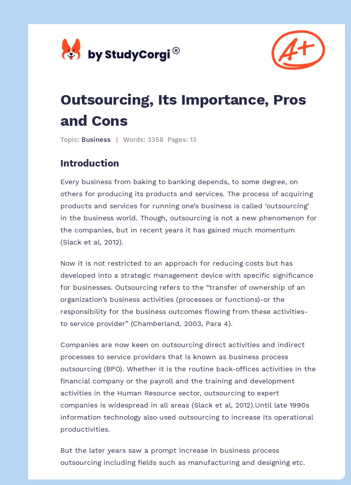 Outsourcing, Its Importance, Pros and Cons. Page 1