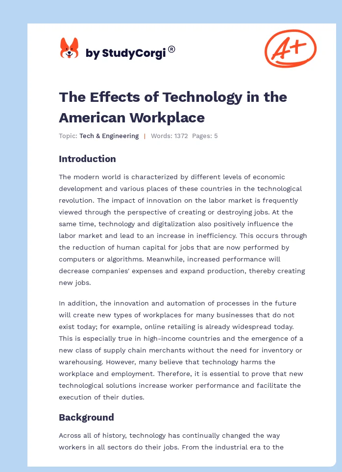 The Effects of Technology in the American Workplace. Page 1