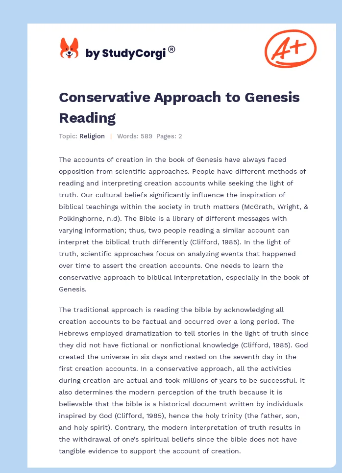 Conservative Approach to Genesis Reading. Page 1