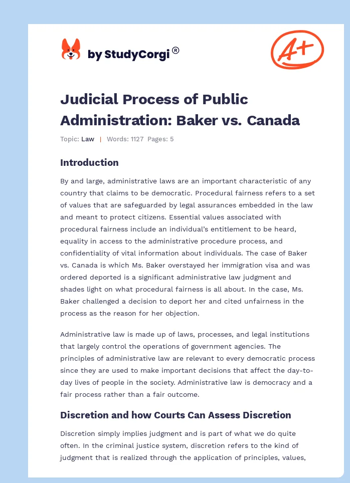 Judicial Process of Public Administration: Baker vs. Canada. Page 1