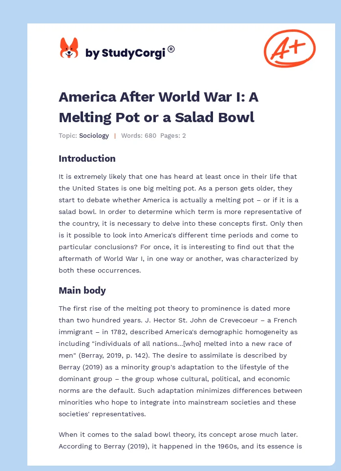 America After World War I: A Melting Pot or a Salad Bowl. Page 1