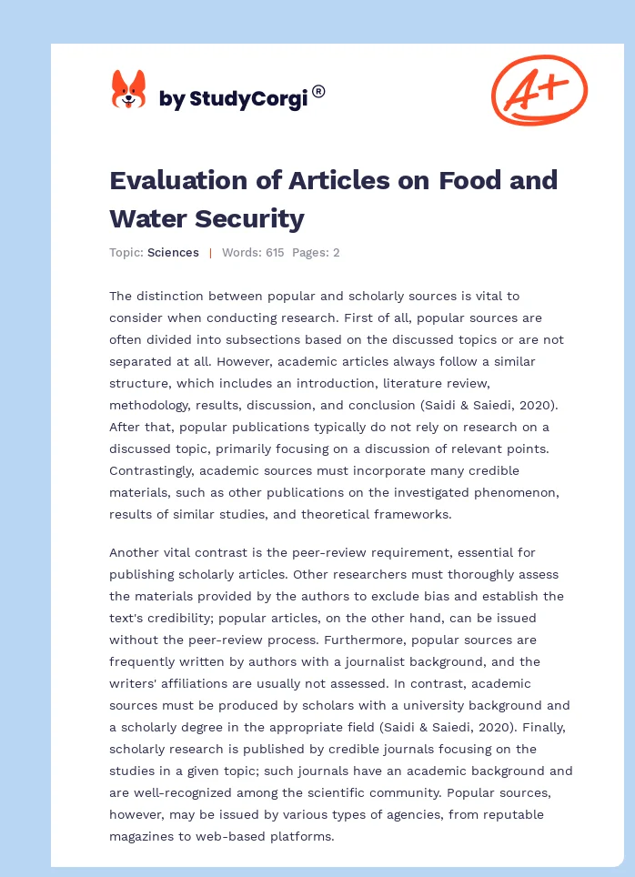 Evaluation of Articles on Food and Water Security. Page 1