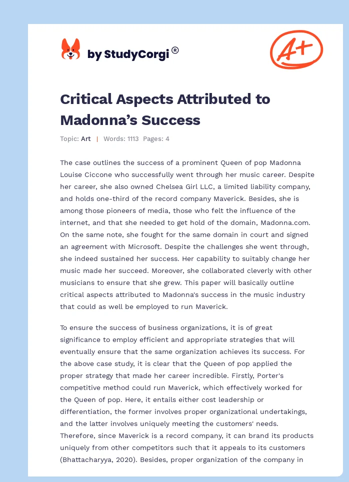 Critical Aspects Attributed to Madonna’s Success. Page 1