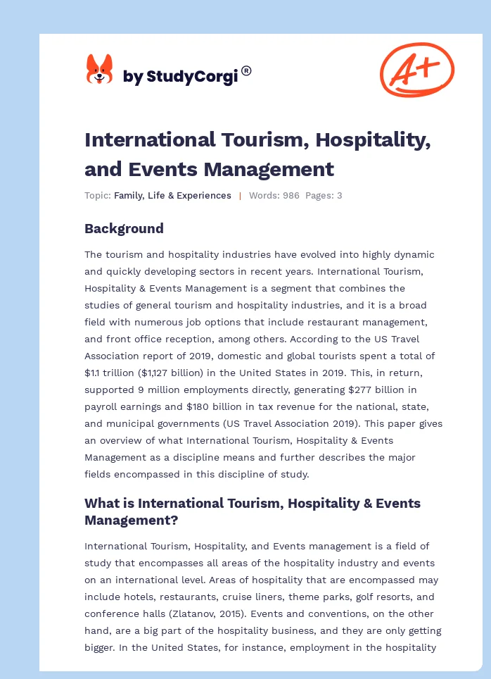 International Tourism, Hospitality, and Events Management. Page 1