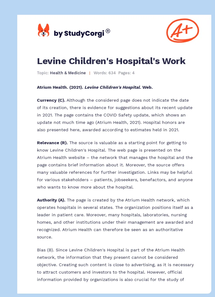 Levine Children's Hospital's Work. Page 1