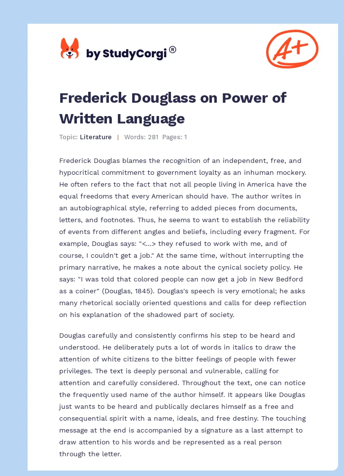 Frederick Douglass on Power of Written Language. Page 1