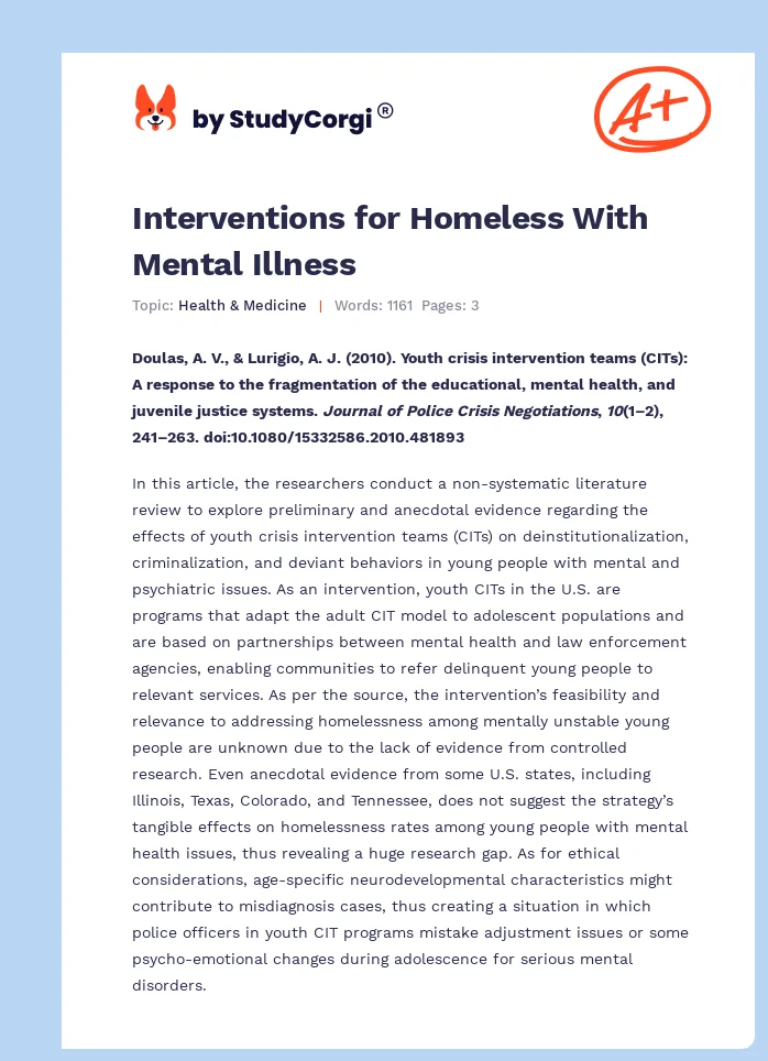 Interventions for Homeless With Mental Illness. Page 1