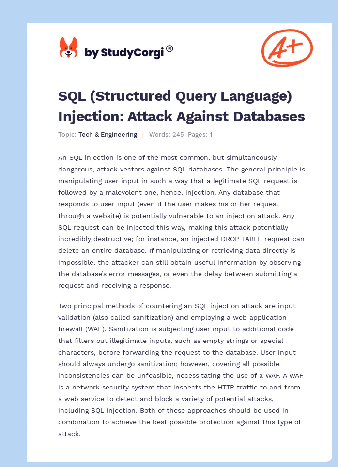 SQL (Structured Query Language) Injection: Attack Against Databases. Page 1