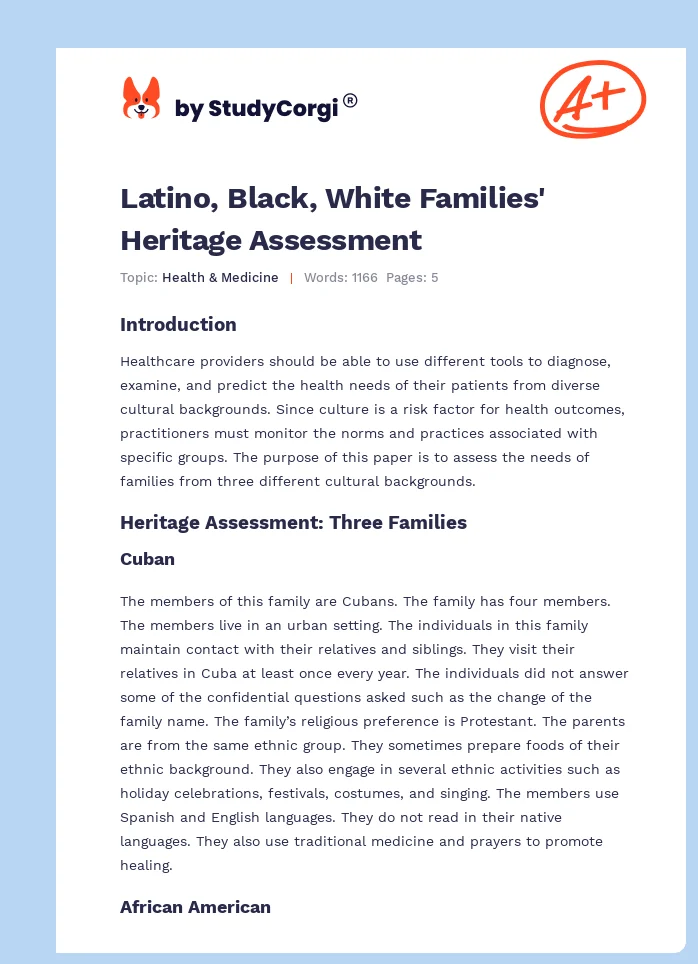 Latino, Black, White Families' Heritage Assessment. Page 1