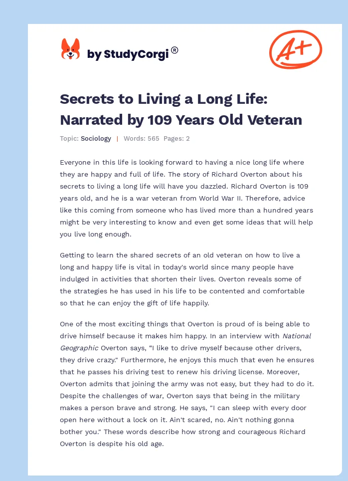 Secrets to Living a Long Life: Narrated by 109 Years Old Veteran. Page 1