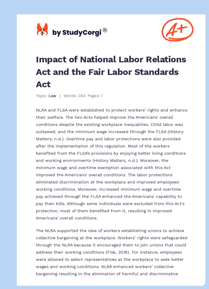 Impact of National Labor Relations Act and the Fair Labor Standards Act. Page 1