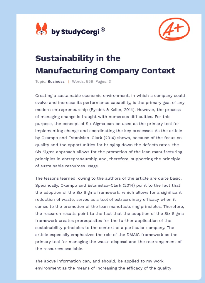 Sustainability in the Manufacturing Company Context. Page 1