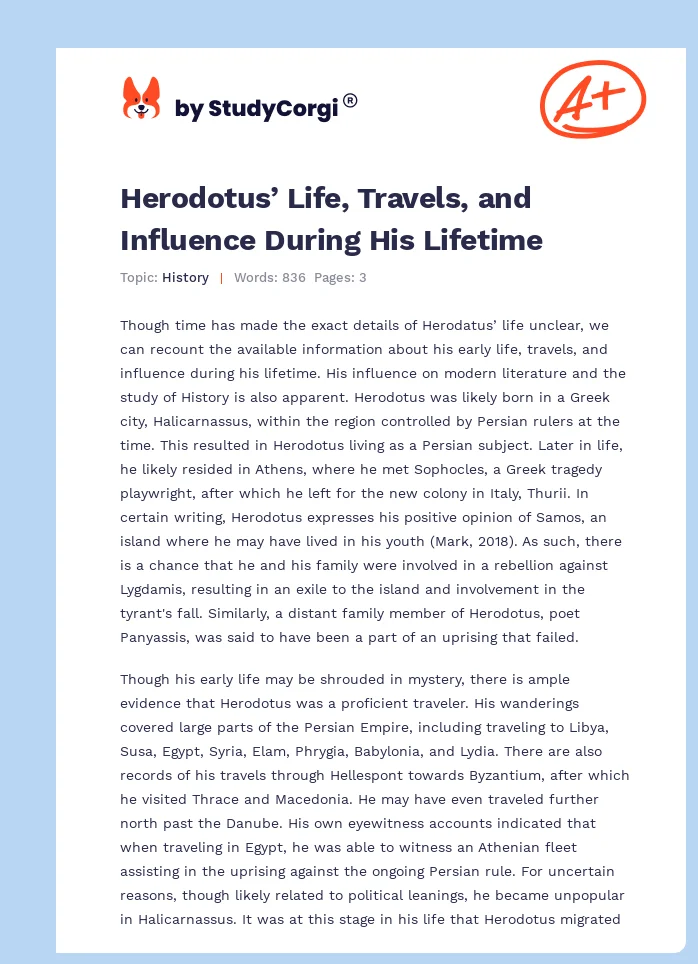 Herodotus’ Life, Travels, and Influence During His Lifetime. Page 1