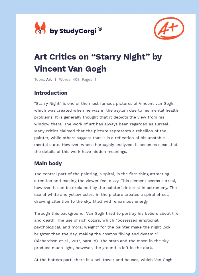 Art Critics on “Starry Night” by Vincent Van Gogh. Page 1