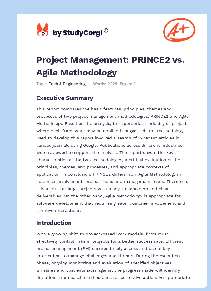 Project Management: PRINCE2 vs. Agile Methodology. Page 1