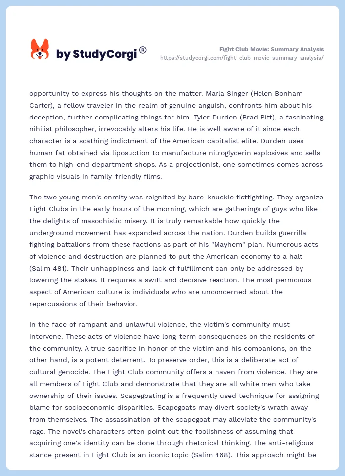 Fight Club Movie: Summary Analysis. Page 2