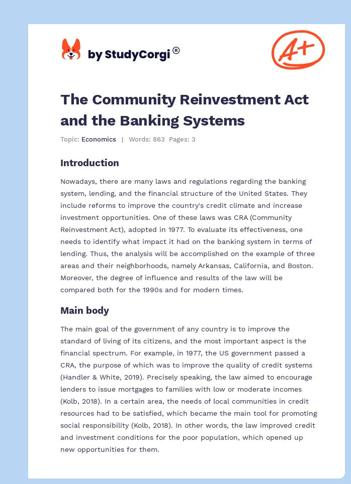 The Community Reinvestment Act and the Banking Systems. Page 1